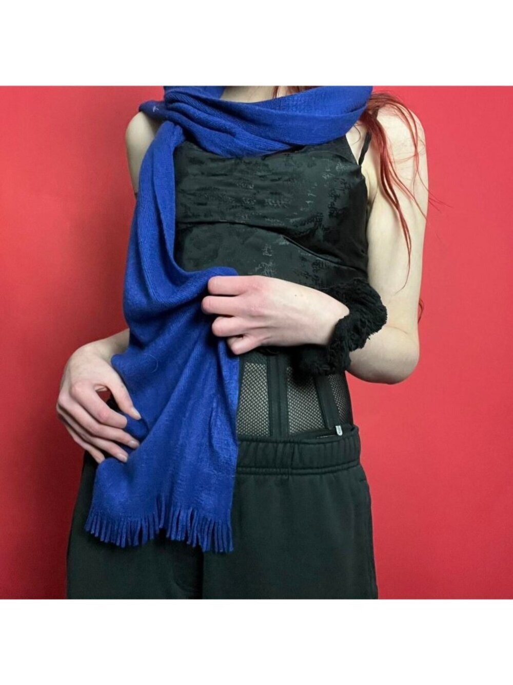 Calvin Klein / royal cobalt blue scarf with tassels​​